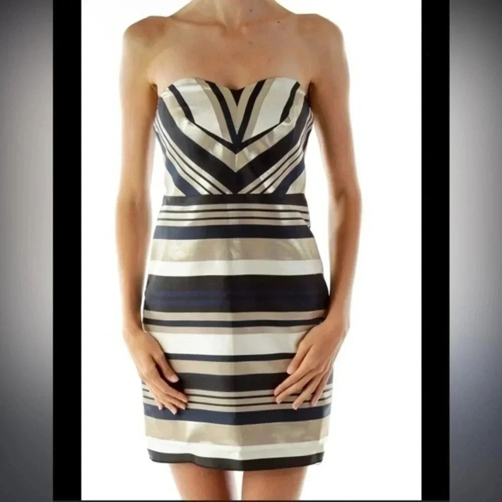 Ann Taylor Metallic Gold & Navy Stripe Sweetheart Strapless Formal Dress Size 00